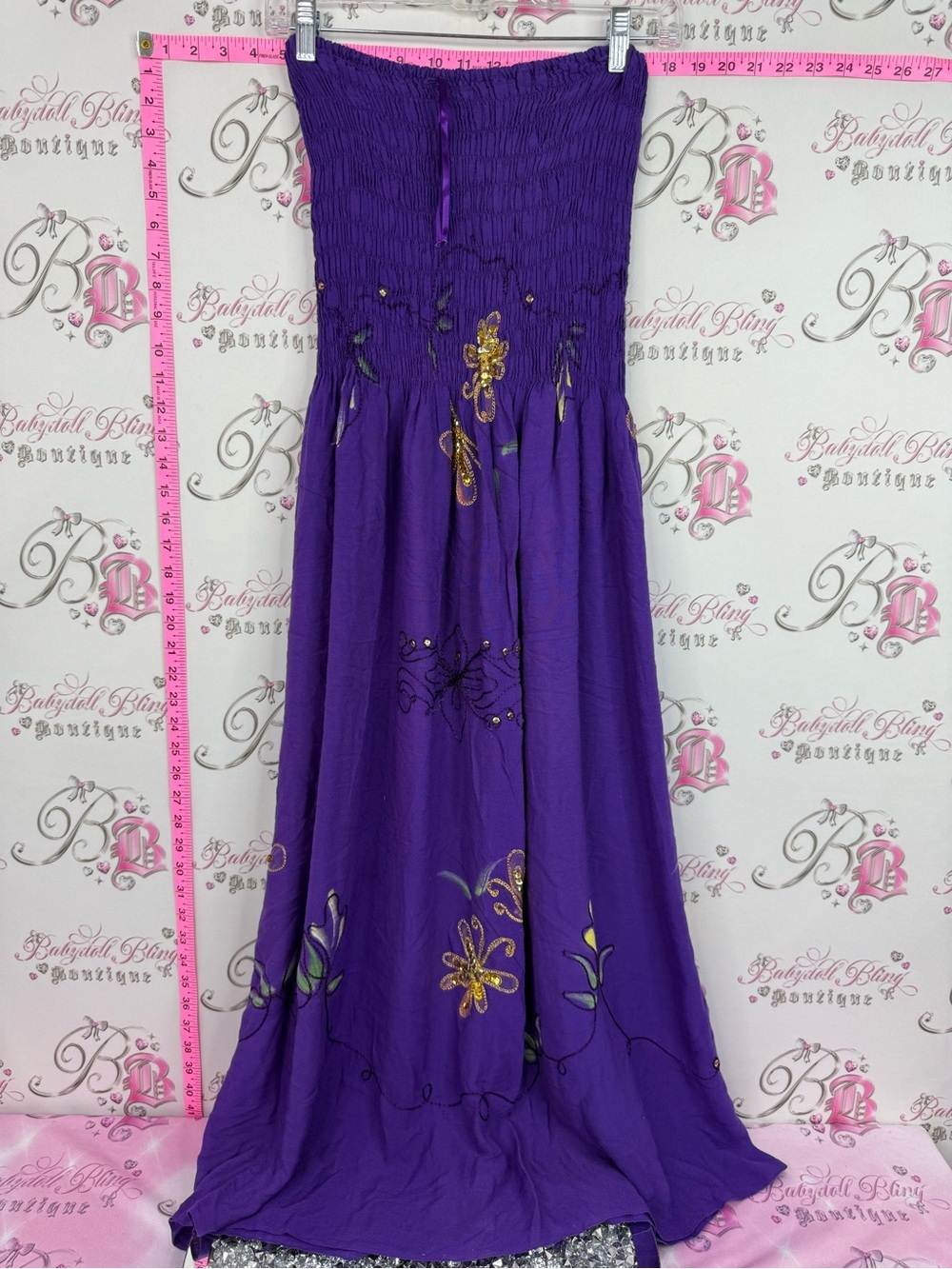 Dress smocked Purple Strapless Smocked Maxi Dress with Gold Floral Embroidery